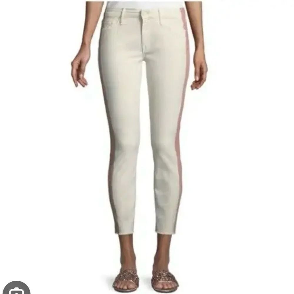 Mother the looker ankle fray white with pink stripe jeans 26